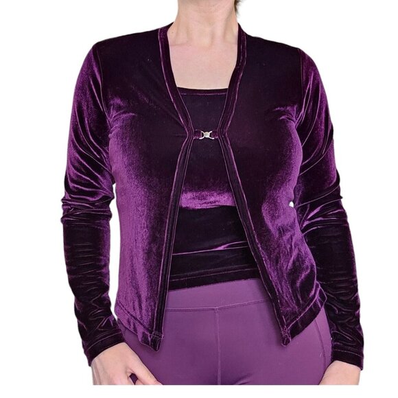 Vintage 90s Womens Medium Purple Velvet Cardigan Sweater Set Stretchy W‎ Tank - Picture 1 of 11